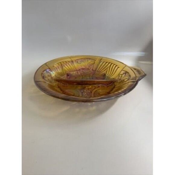 Canival Glass Irridescent Amber Divided Dish Serving Bowl Plate Vintage - Picture 3 of 12